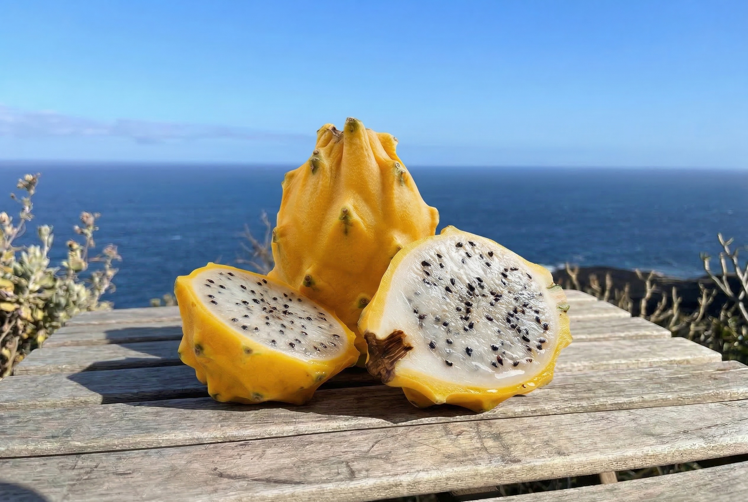 Žlutá pitaya Palora rozkrojená na stole s výhledem na oceán